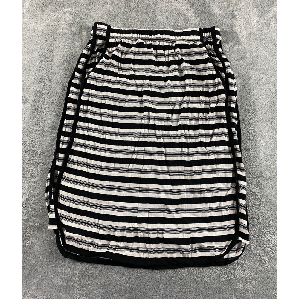 Loft Black White Striped Elastic‎ Waist Midi Skirt Side Slits Womens Size M